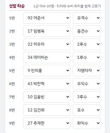선발 타순과 수비 위치 선택