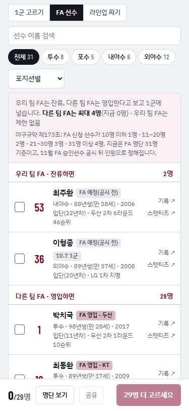 2027 엔트리의 FA 선수 탭